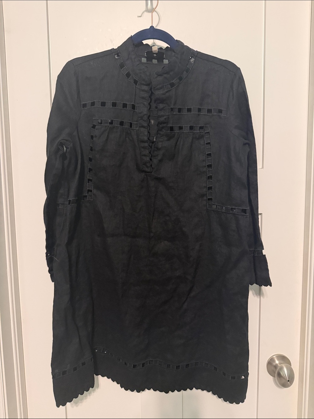 Tuckernuck Dawson Cutout Tunic Dress 100% Linen Black Ruffle-Trim Mini Size M